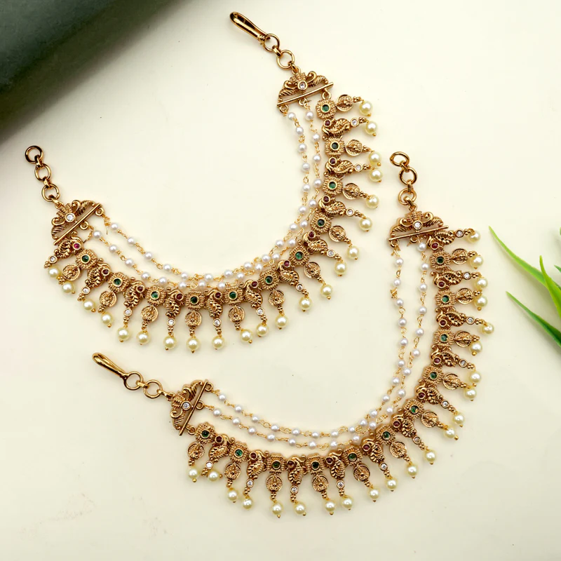Real Gold Look Antique Mor Lakshmi Kemp 3 Line Ear Chain